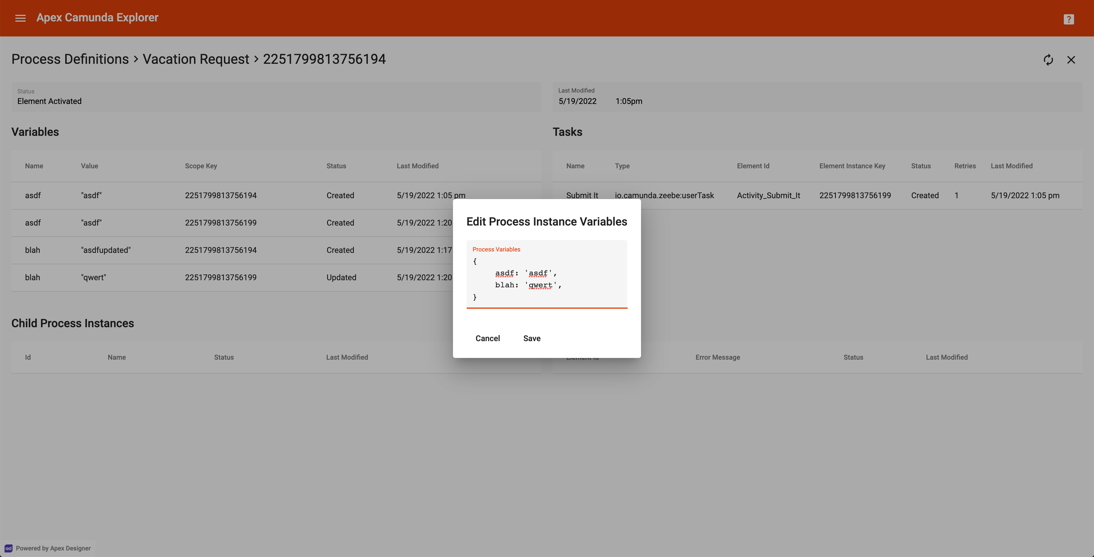 Screen shot of the edit process variables dialog