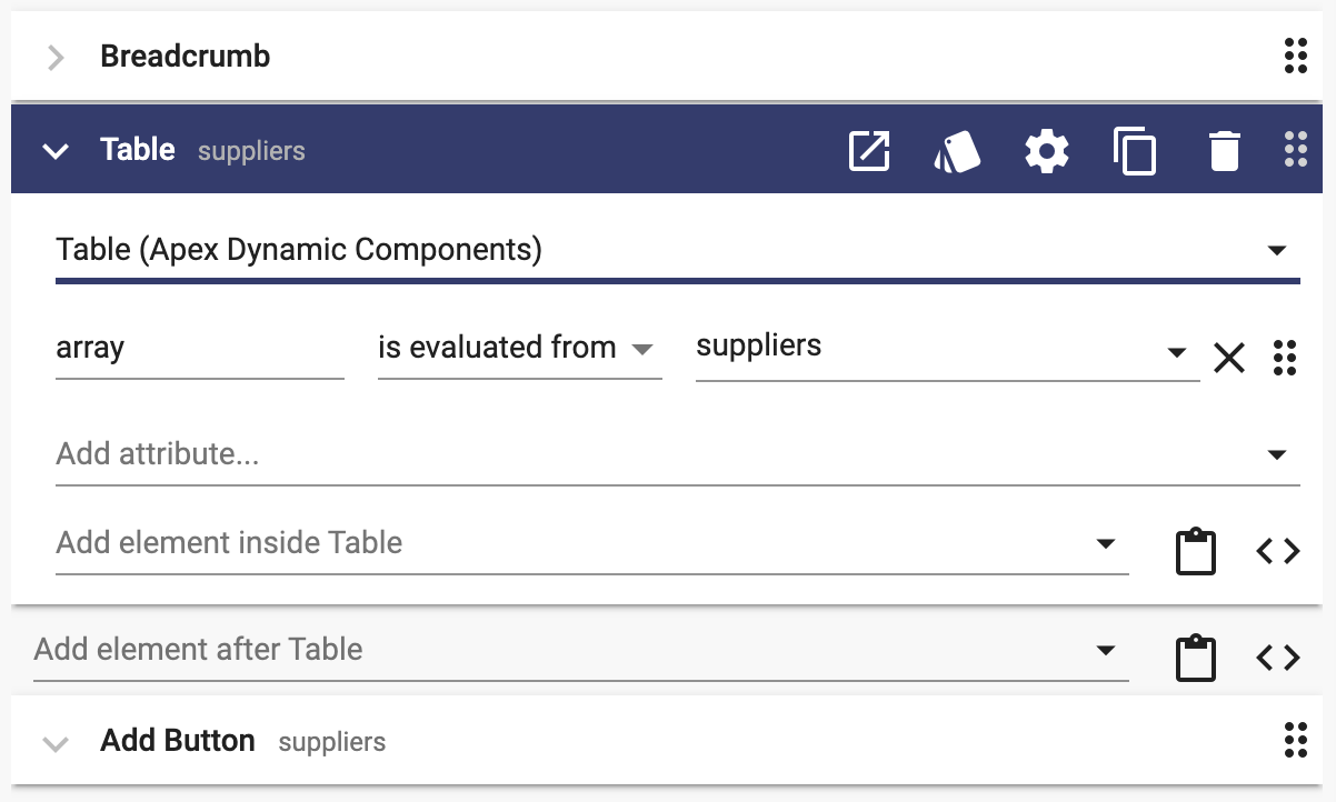 Suppliers Table element