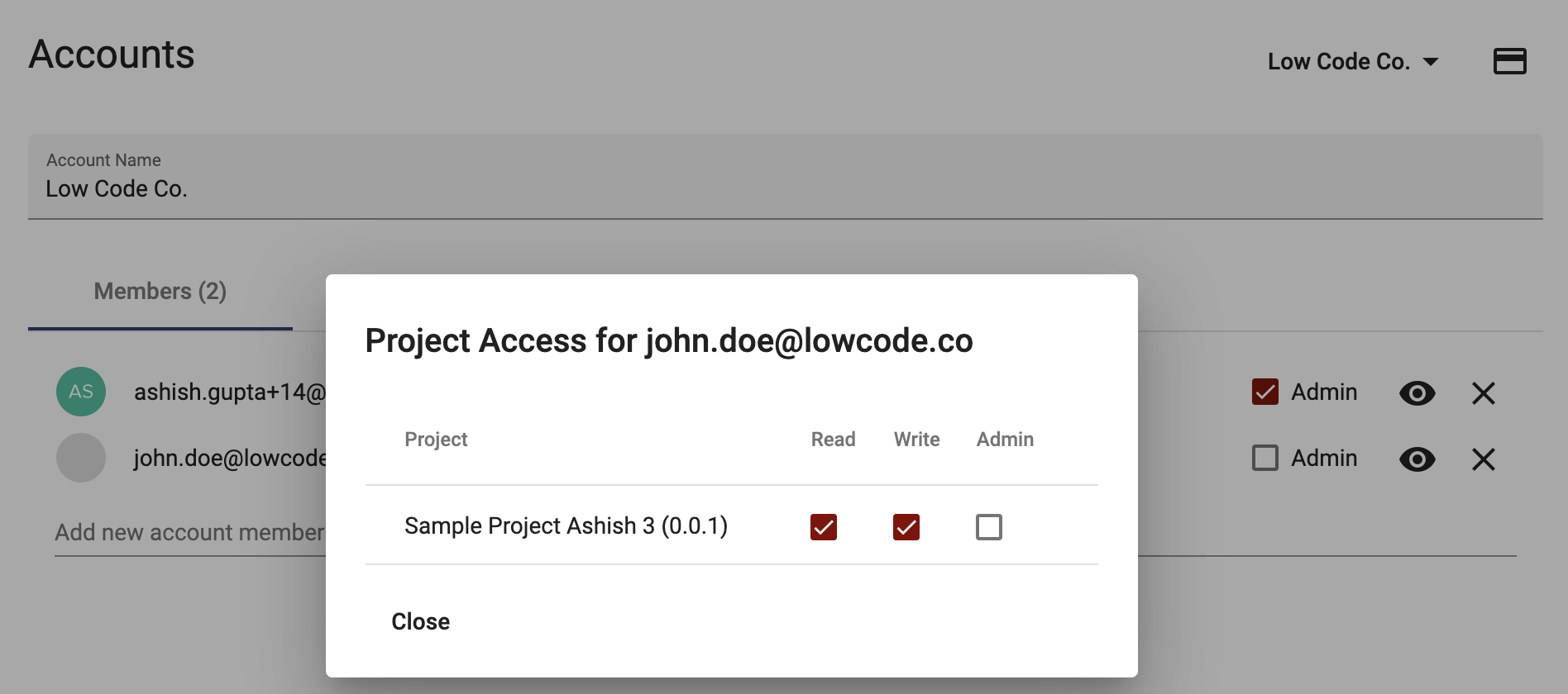 Project Access dialog