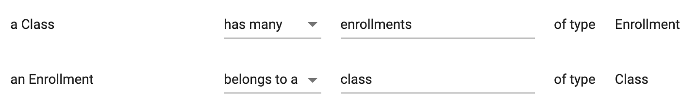 Class has many enrollments relationship