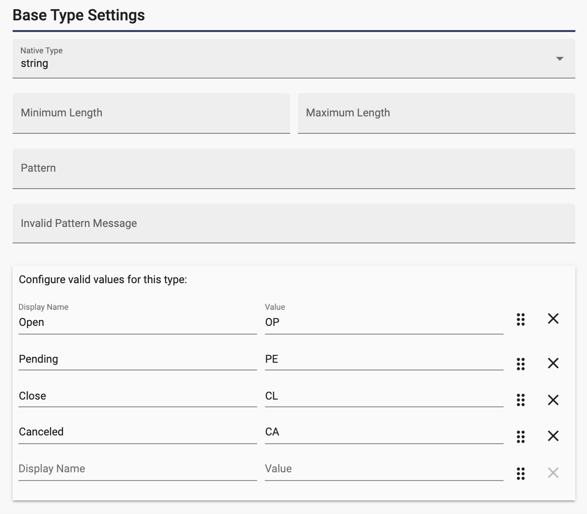 Base type settings for status