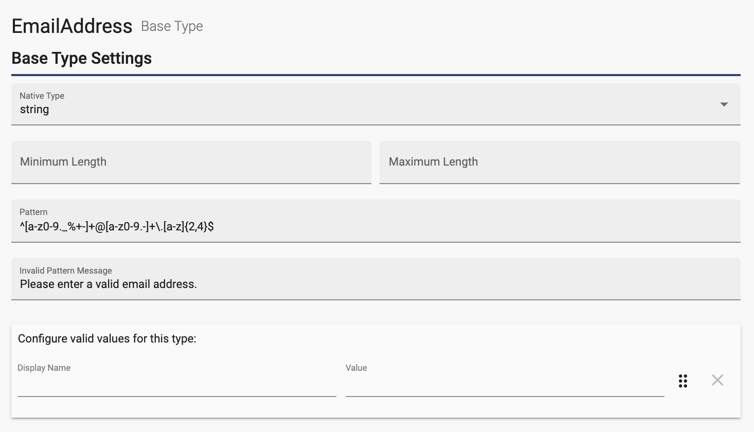 Base type settings for email address