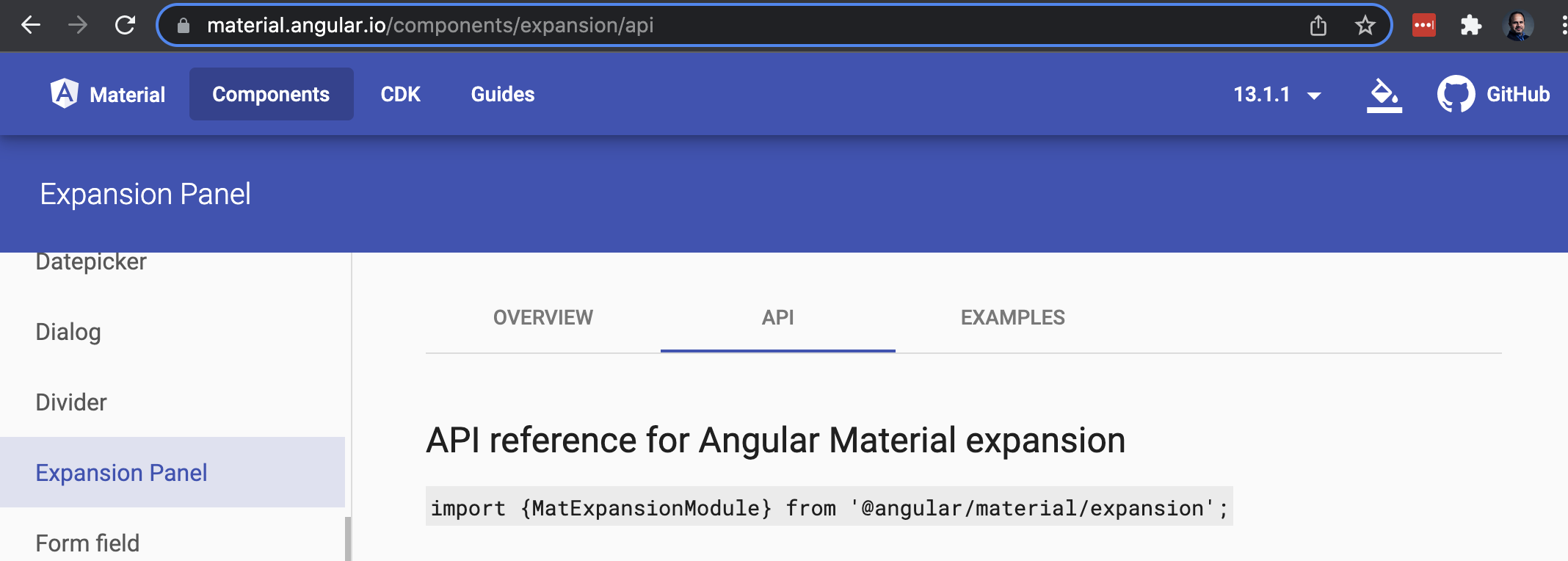 Angular material reference page used for parameter understanding