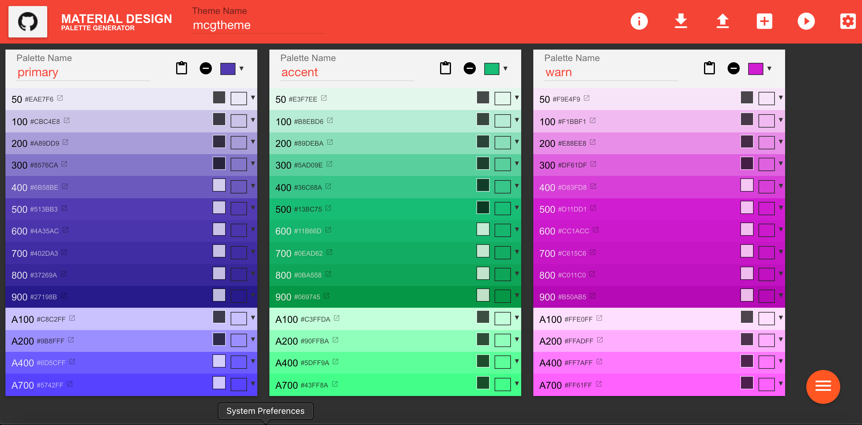 Material design palette with color choices