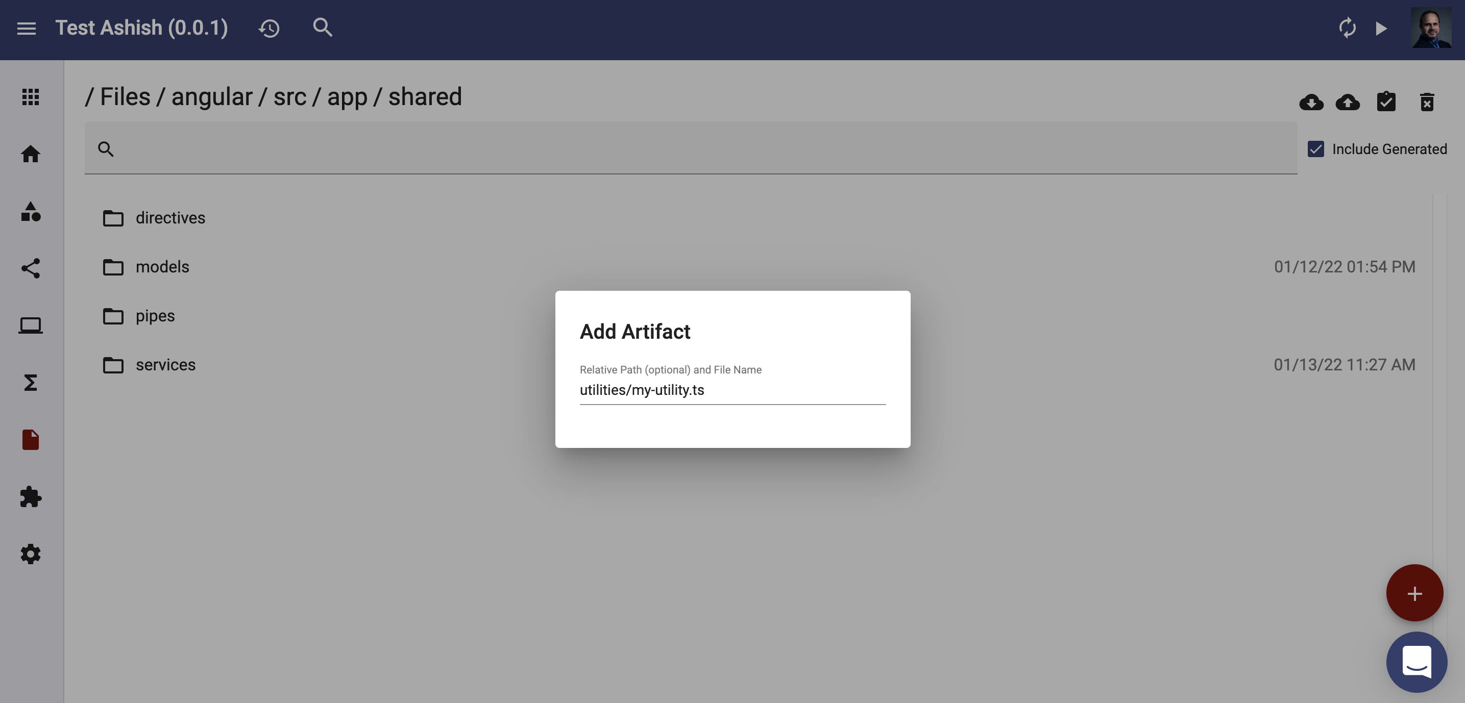 Add artifact dialog for angular service definition