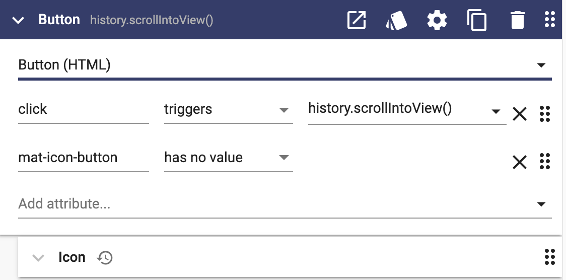 Button component definition using scroll into view on click