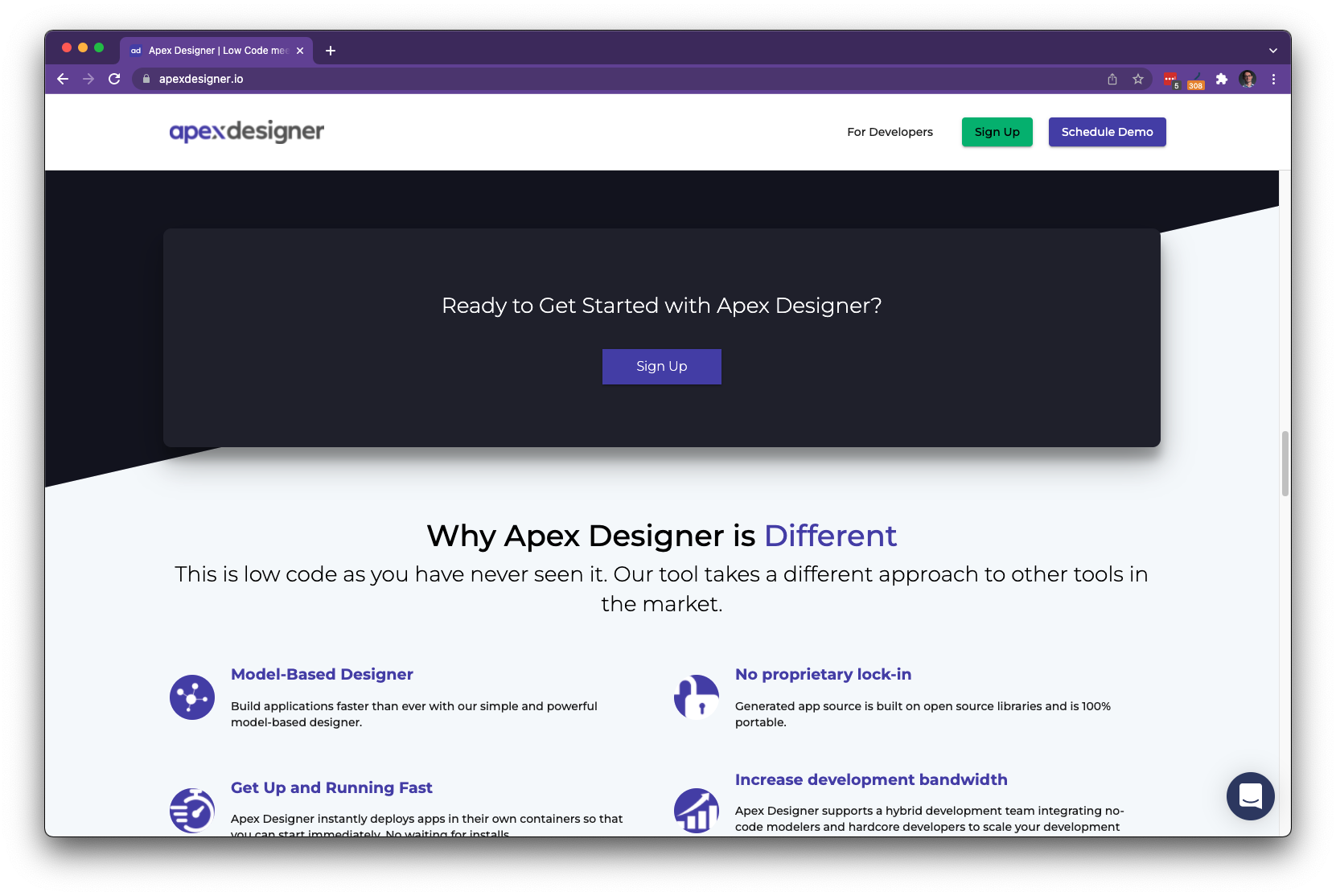 Apex Designer Website showing signup button
