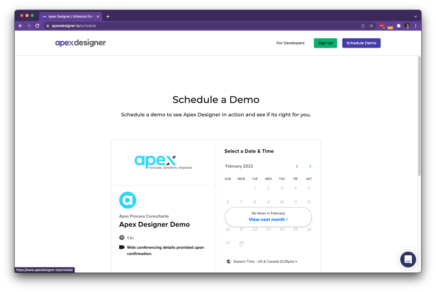Apex Designer Website - schedule a demo page