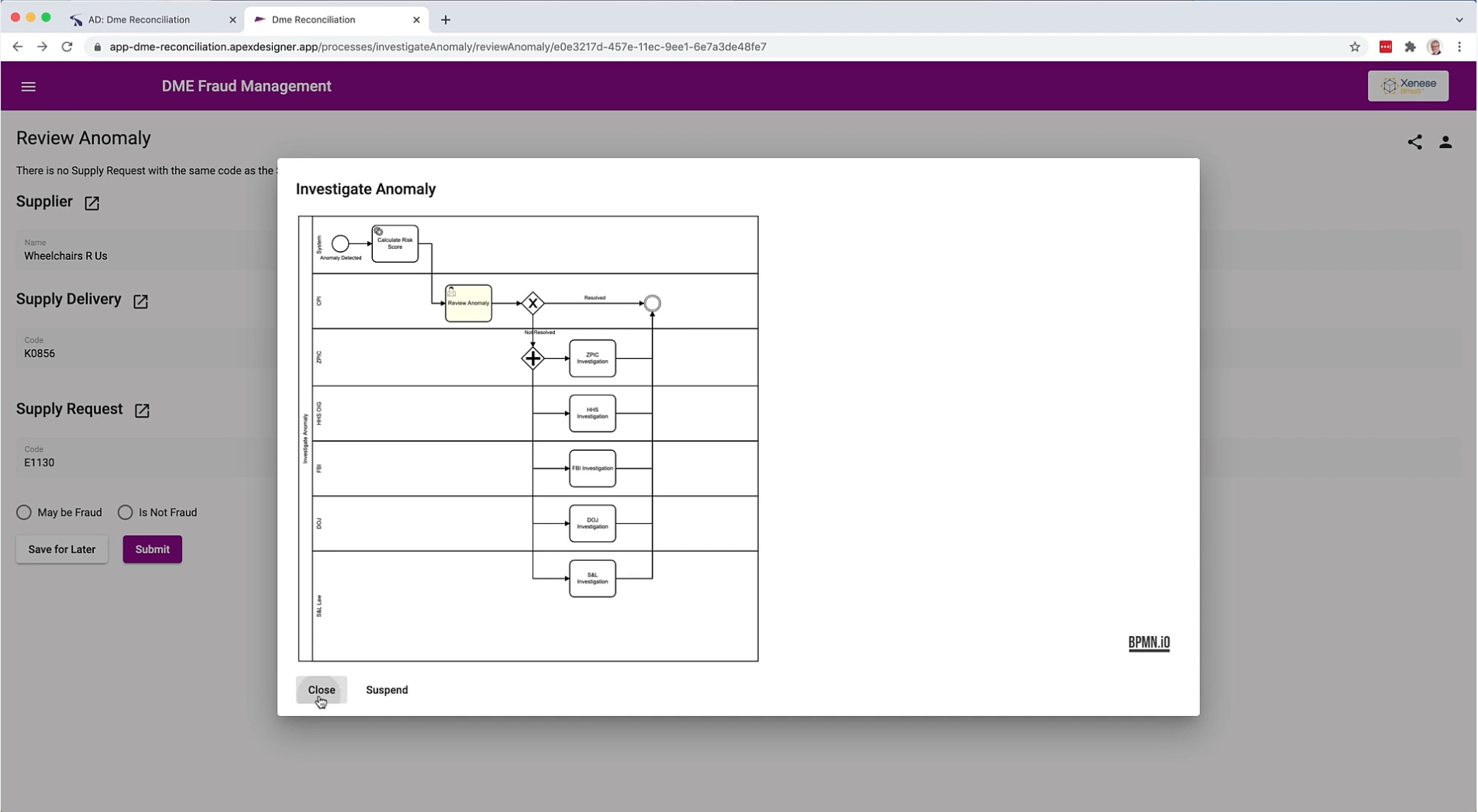 DME Fraud App showing investigation process diagram